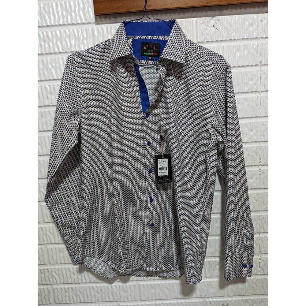 Azaro Uomo Men's Blue & Black Printed Long-Sleeve Button-Down Shirt Size M NWT